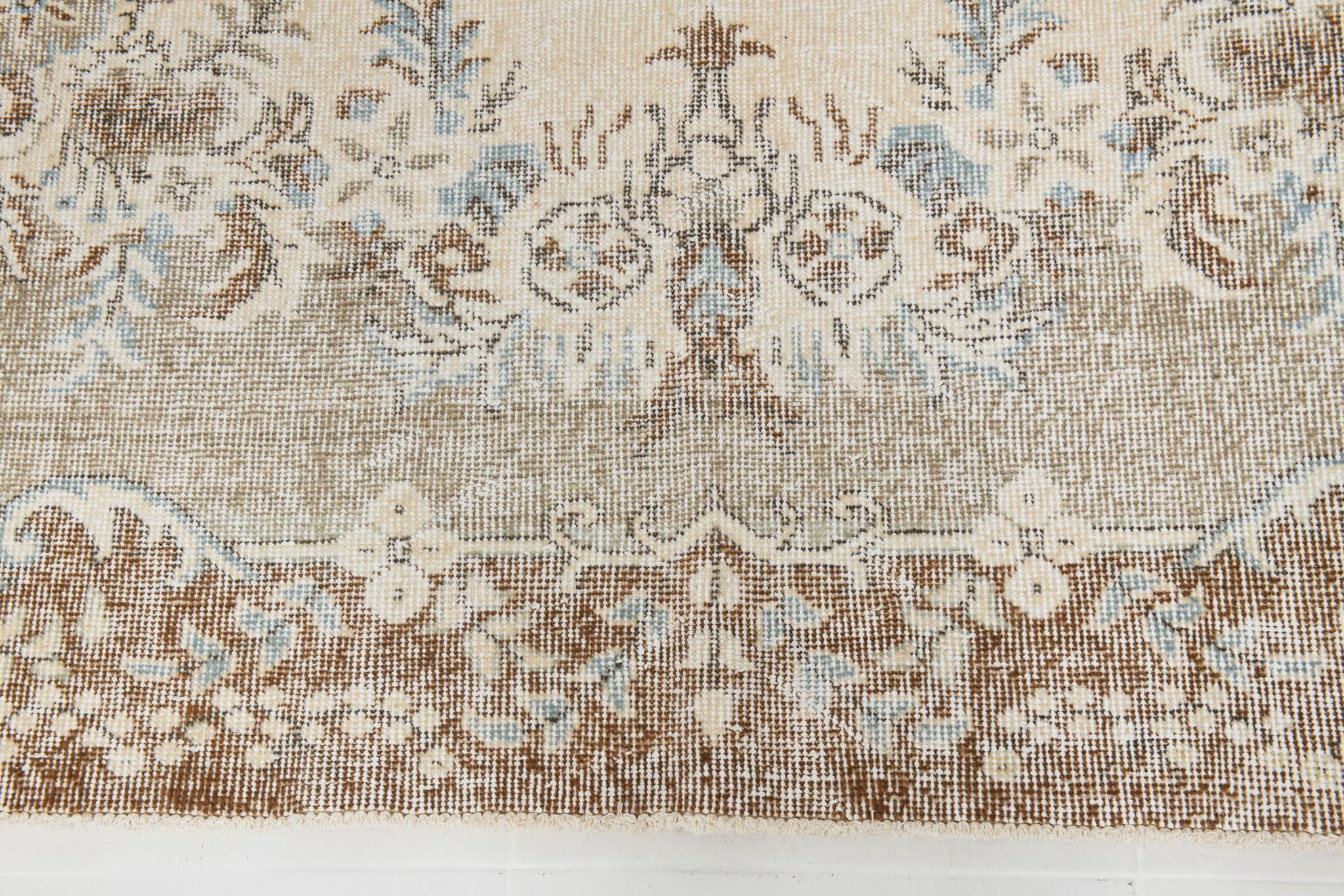 Handmade beige & brown floral  vintage rug