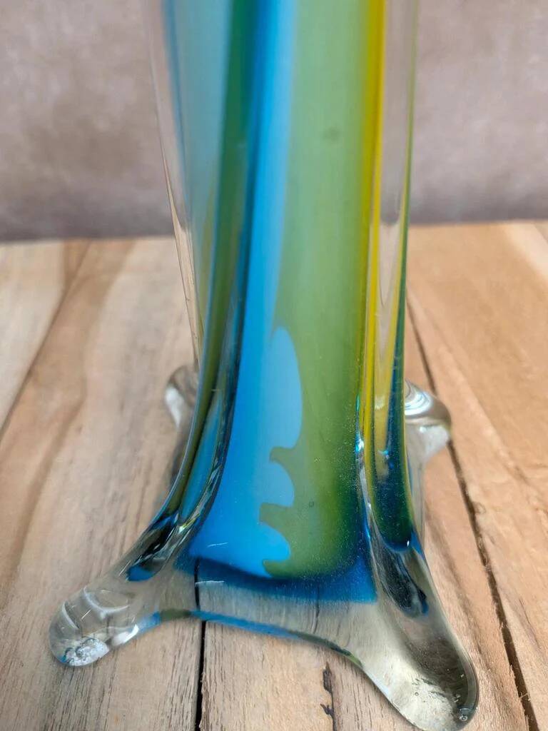 Vintage glass vase in blue and yellow Murano style.