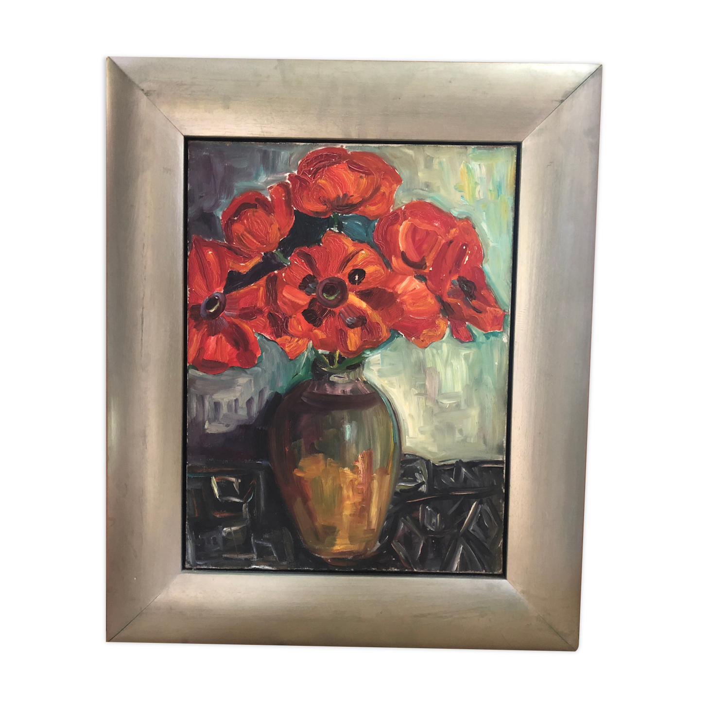 Old oil painting on canvas bouquet of flowers + vintage gray wood frame