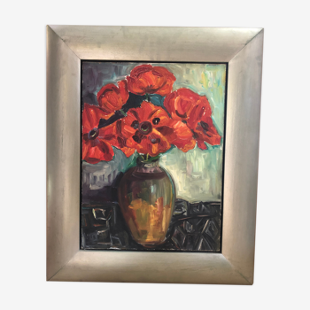 Old painting oil on canvas bouquet of flowers + frame wood gray vintage