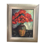 Ancien tableau huile sur toile bouquet de fleurs + cadre bois gris vintage