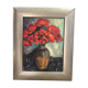 Old oil painting on canvas bouquet of flowers + vintage gray wood frame
