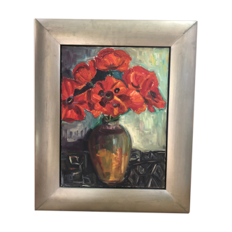 Old oil painting on canvas bouquet of flowers + vintage gray wood frame