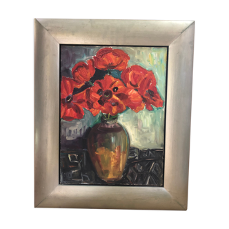 Old painting oil on canvas bouquet of flowers + frame wood gray vintage