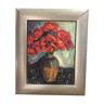 Ancien tableau huile sur toile bouquet de fleurs + cadre bois gris vintage