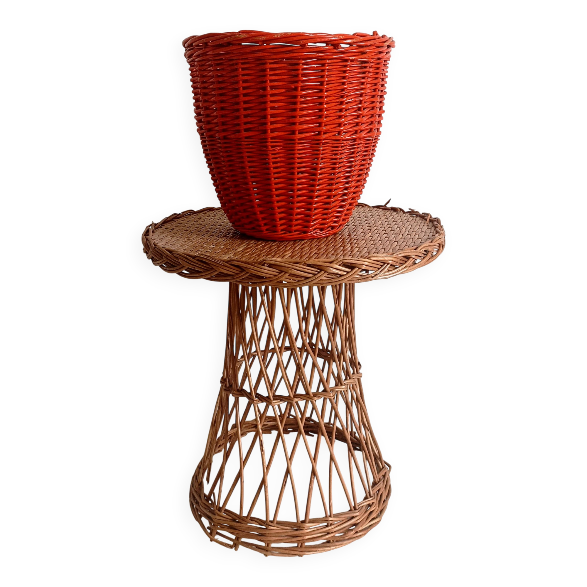 Bohemian Mid-Century Coral Red Wicker Basket, France, circa 1960s