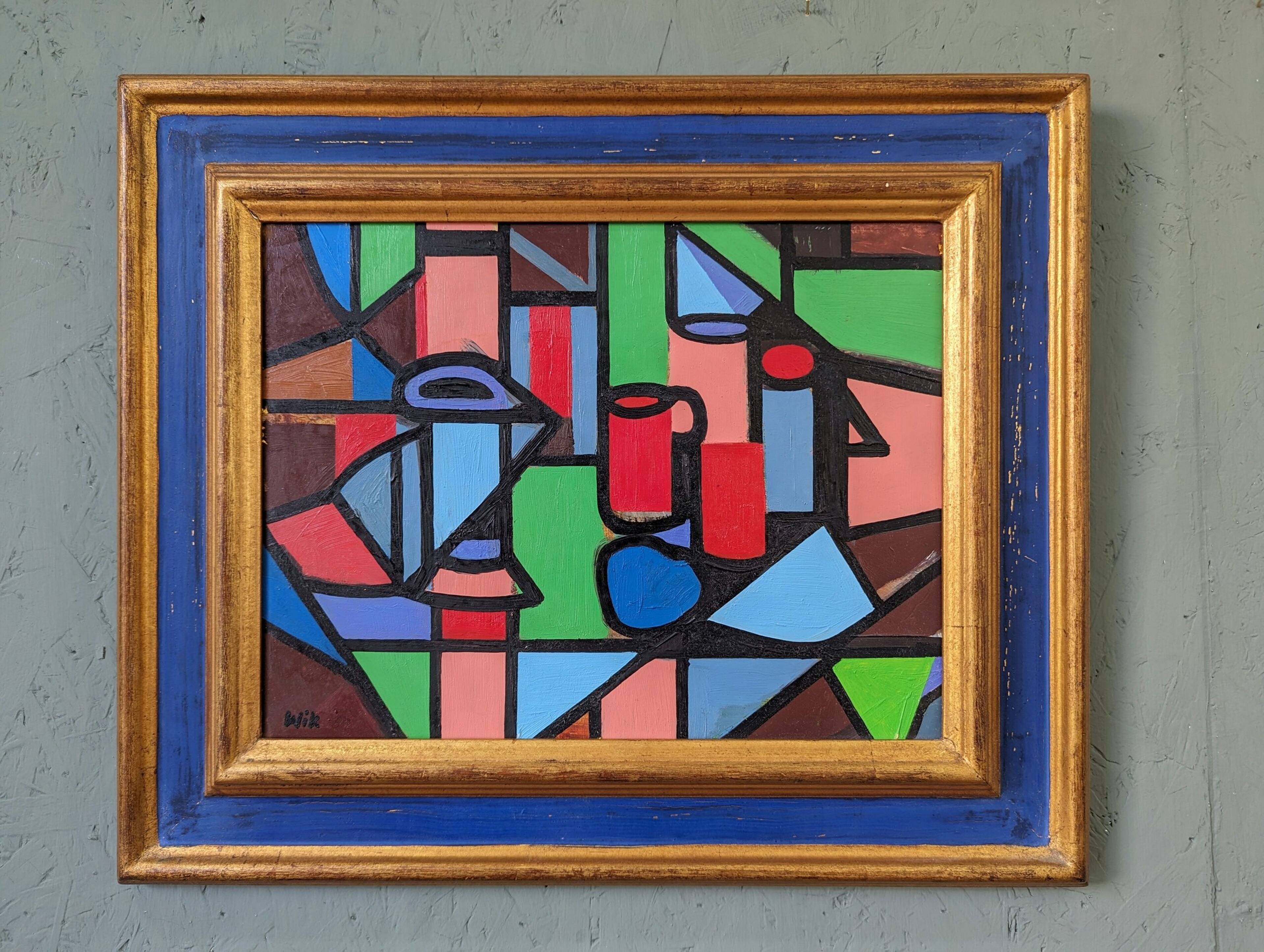 Mid-Century Modern "Geometric Still Life" Vintage Swedish Cubist Still Life Oil Painting, Framed