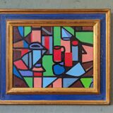 Mid-Century Modern "Geometric Still Life" Vintage Swedish Cubist Still Life Oil Painting, Framed