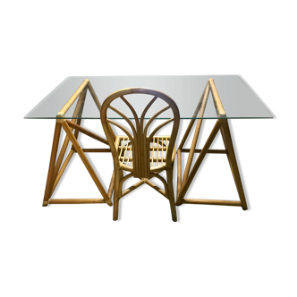 Glass and rattan desk and its chair