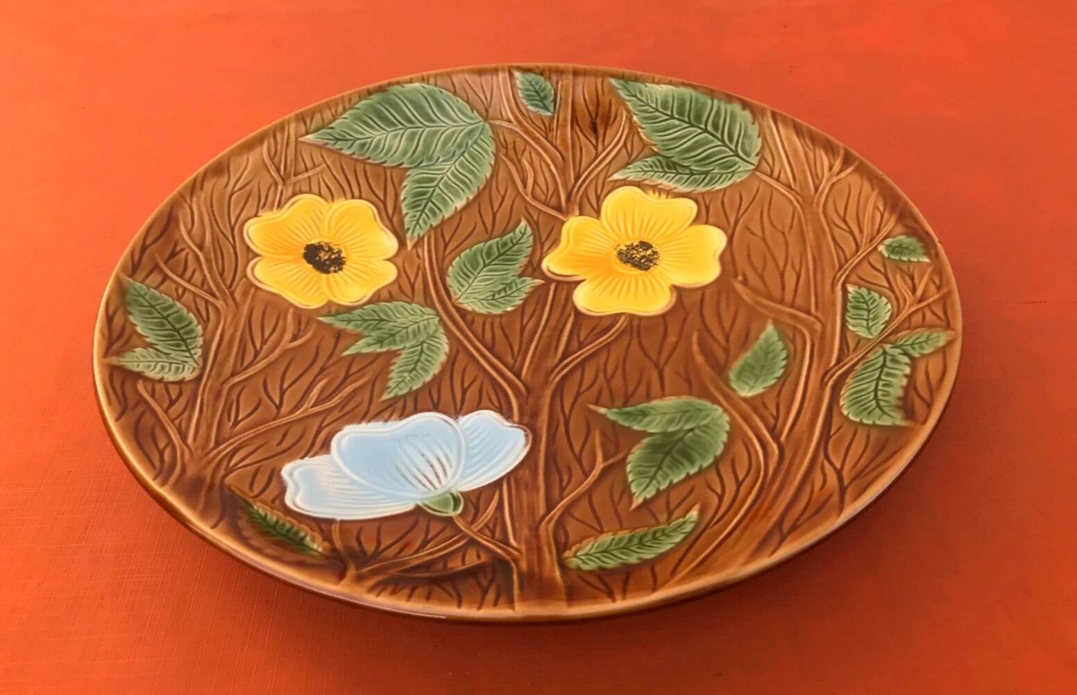 1950s Large floral platter Sarreguemines France Glazed ceramic