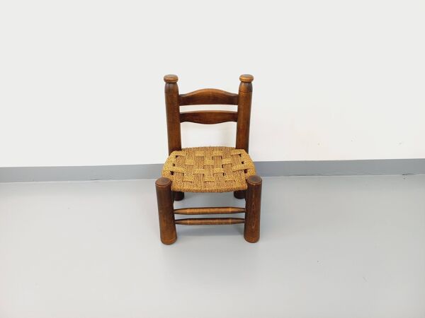 Chaise basse  vintage en bois et paille