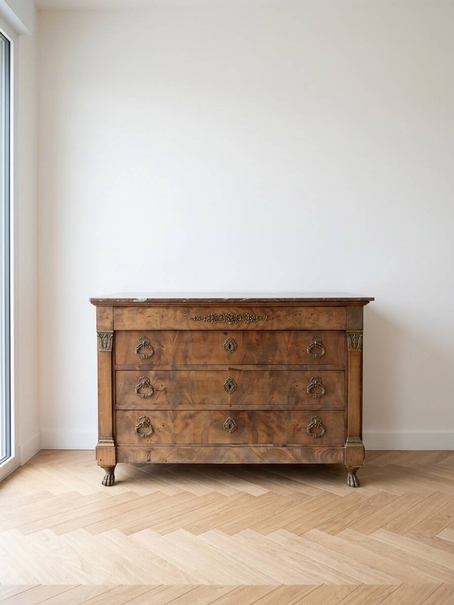 Antique wooden commode with pink marble.