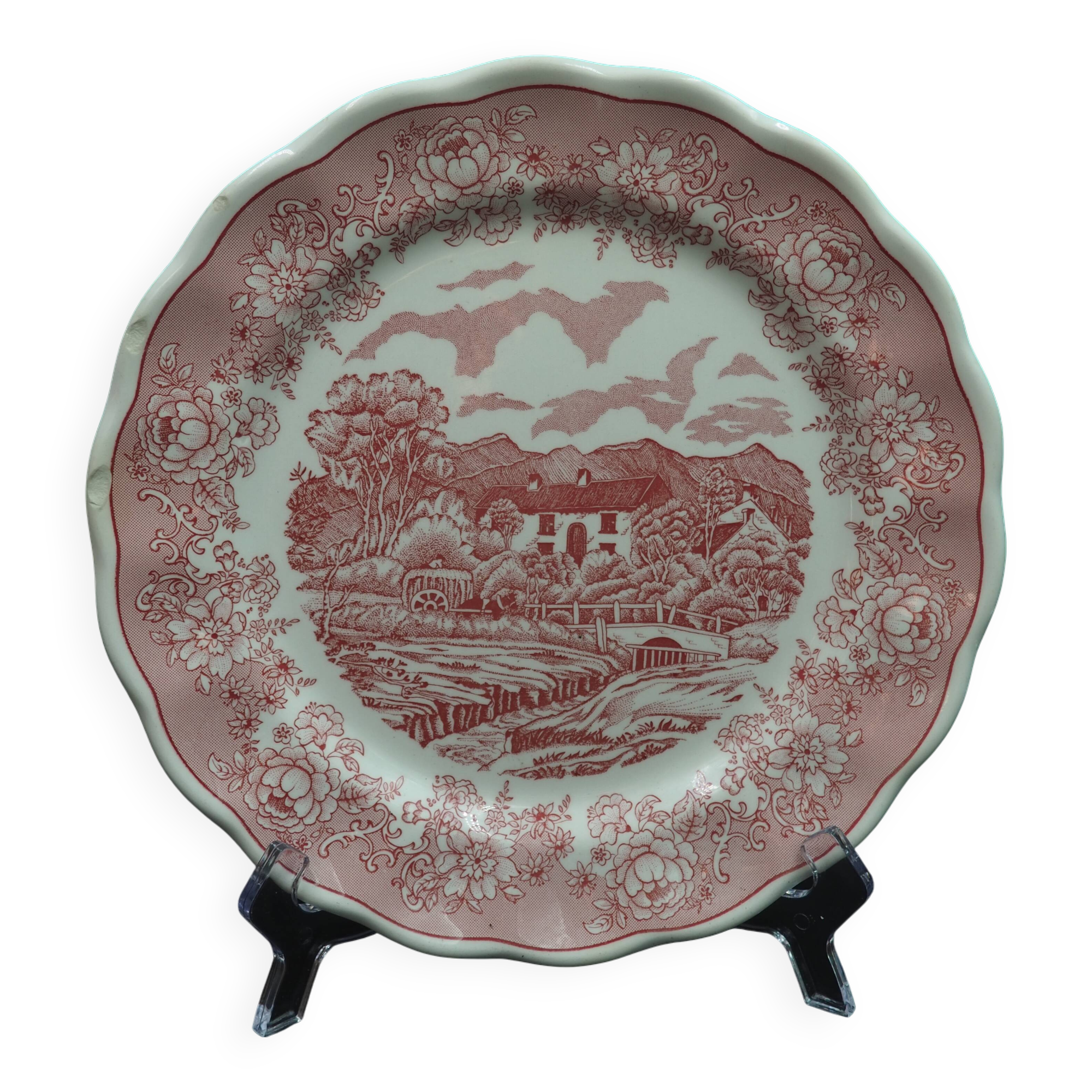 5 red English Landscape pattern dinner plates
