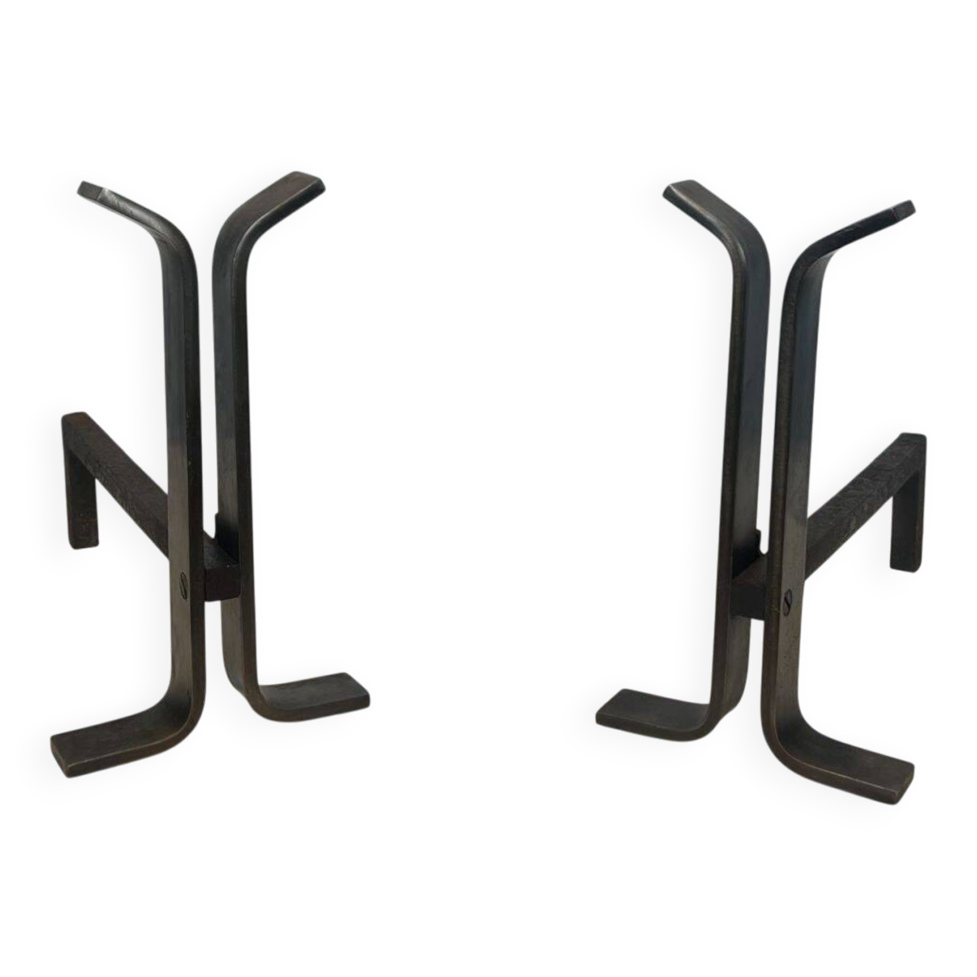 Pair of modernist and wrought iron fire dogs
