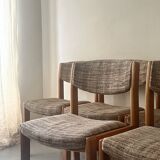 Set of 6 mid-century chairs in honey wood and tweed, 1970 design by dlg Regain.
