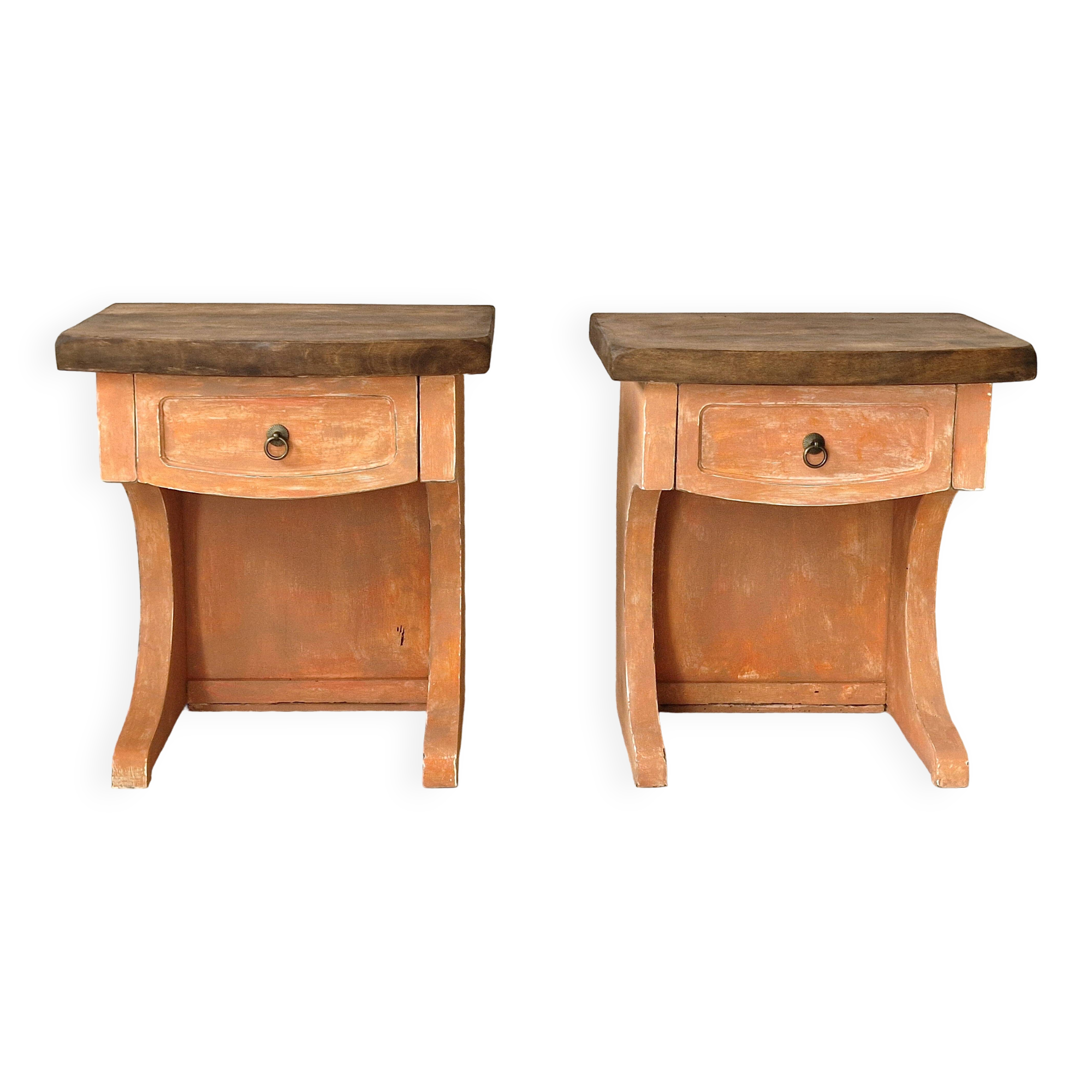 Pair of orange-pink patinated bedside tables