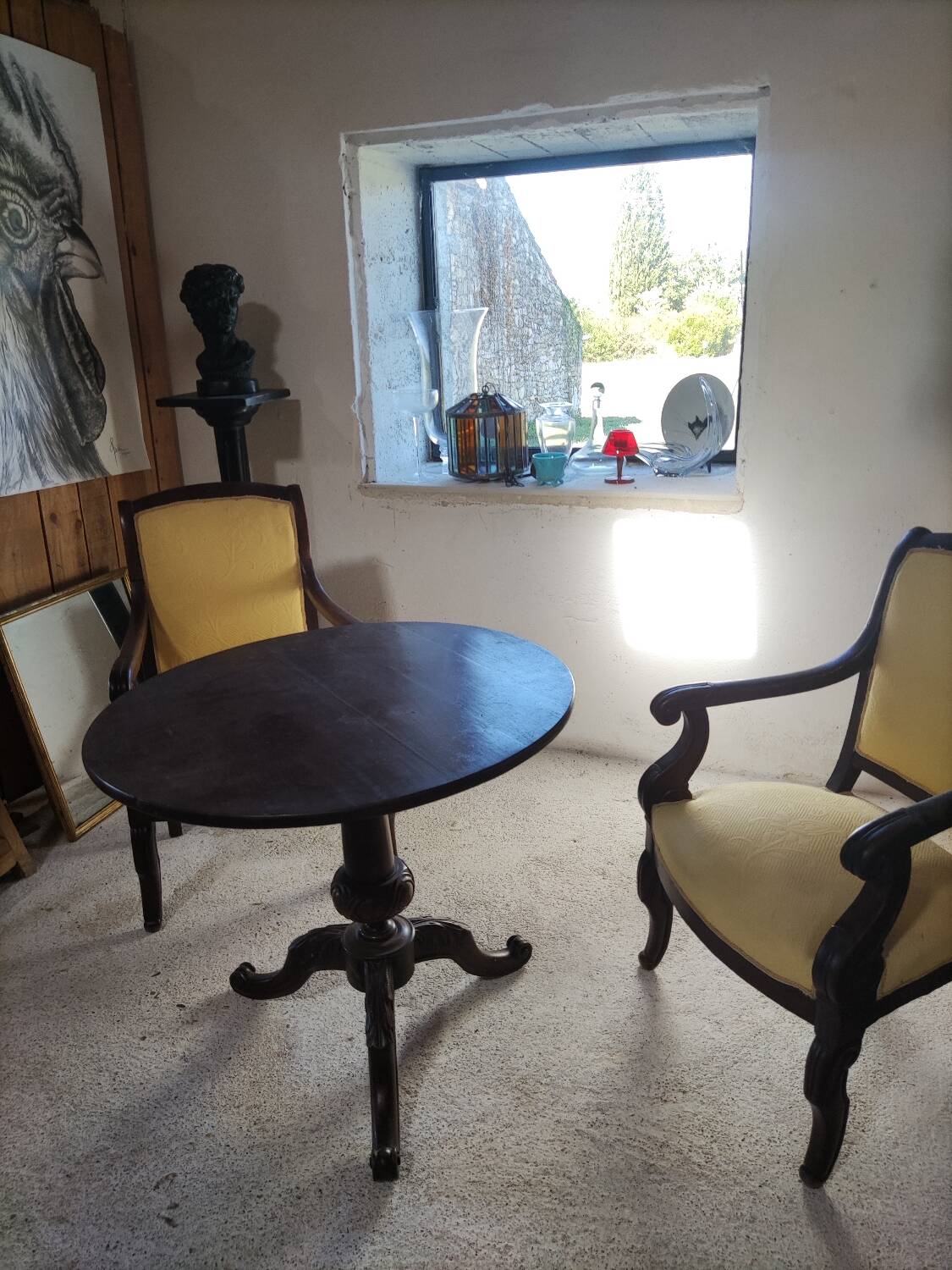 2 antique matching armchairs in wood and fabric