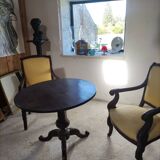 2 antique matching armchairs in wood and fabric