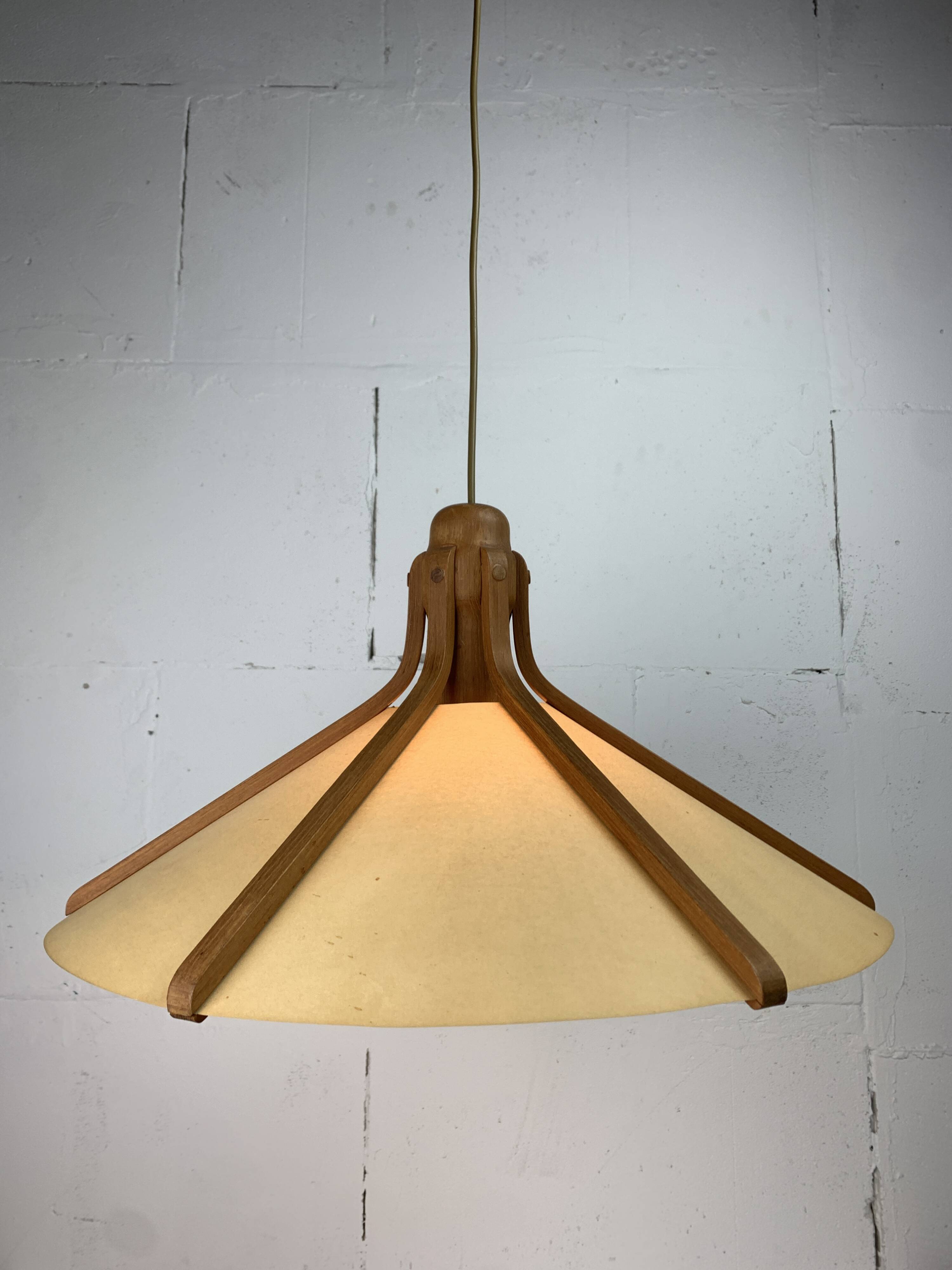 Midcentury teak and perkament pendant by Temde Leuchten, 1970s