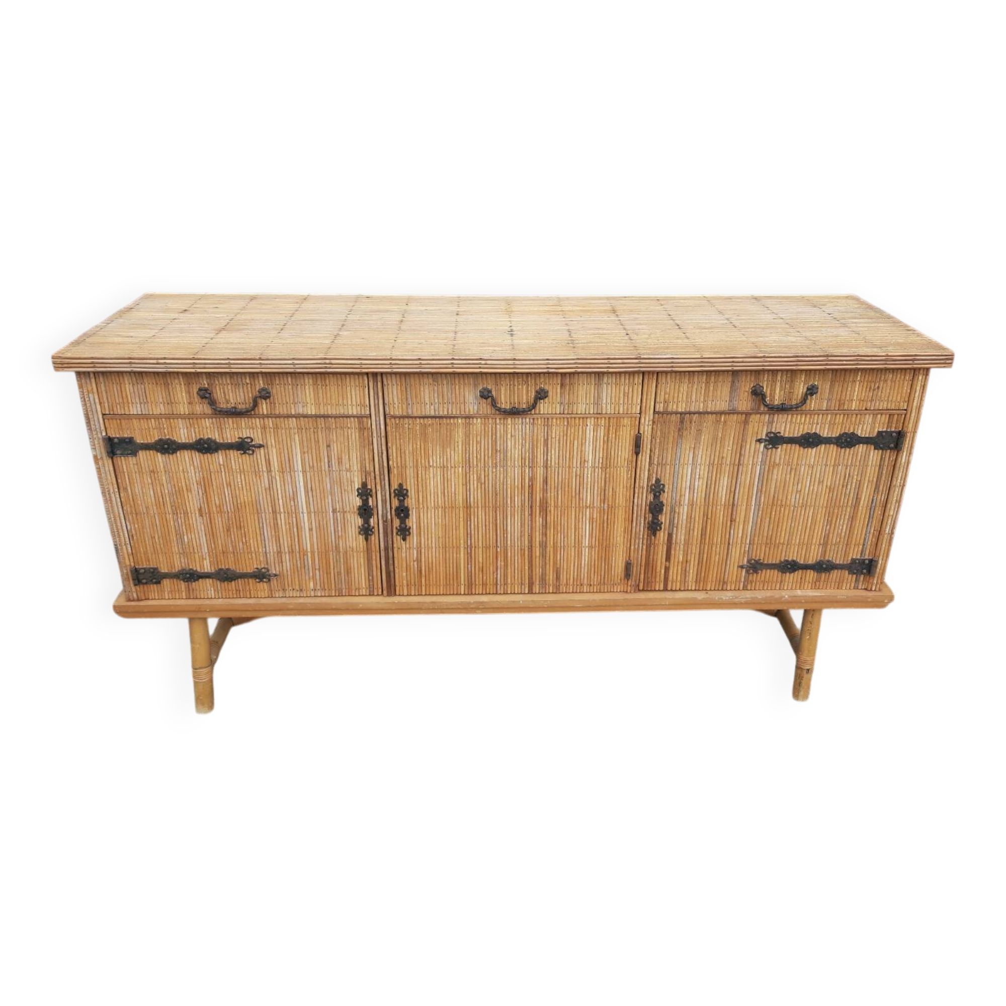 Console table in rattan and bamboo, (Attributed to Audoux-Minet)