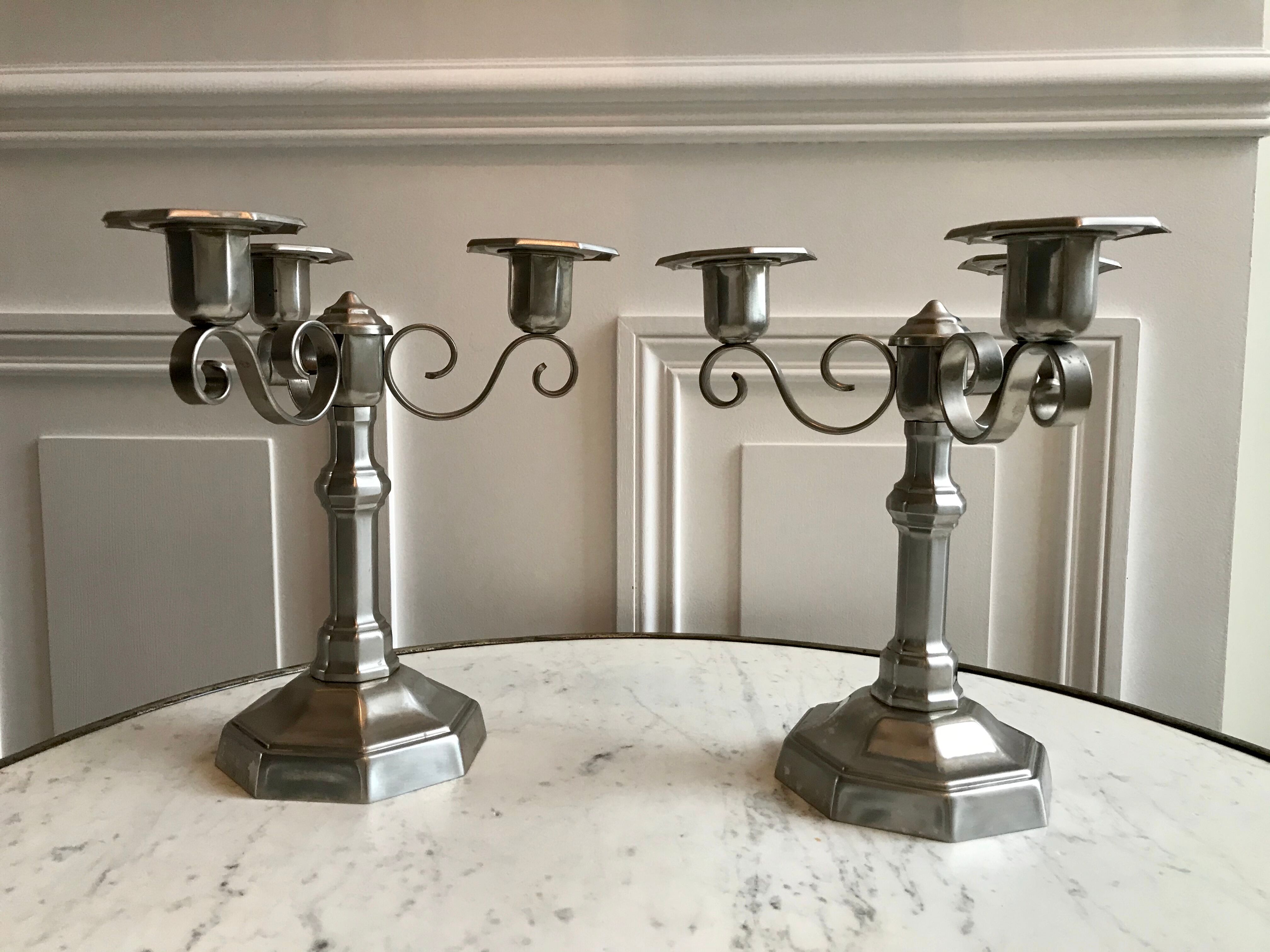 Duo of 3-spoke brass candlesticks art deco 30s