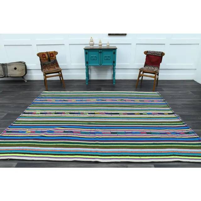 1970s Vintage Turkish Oushak Handmade Wool Cotton Green Area Rug 196x271