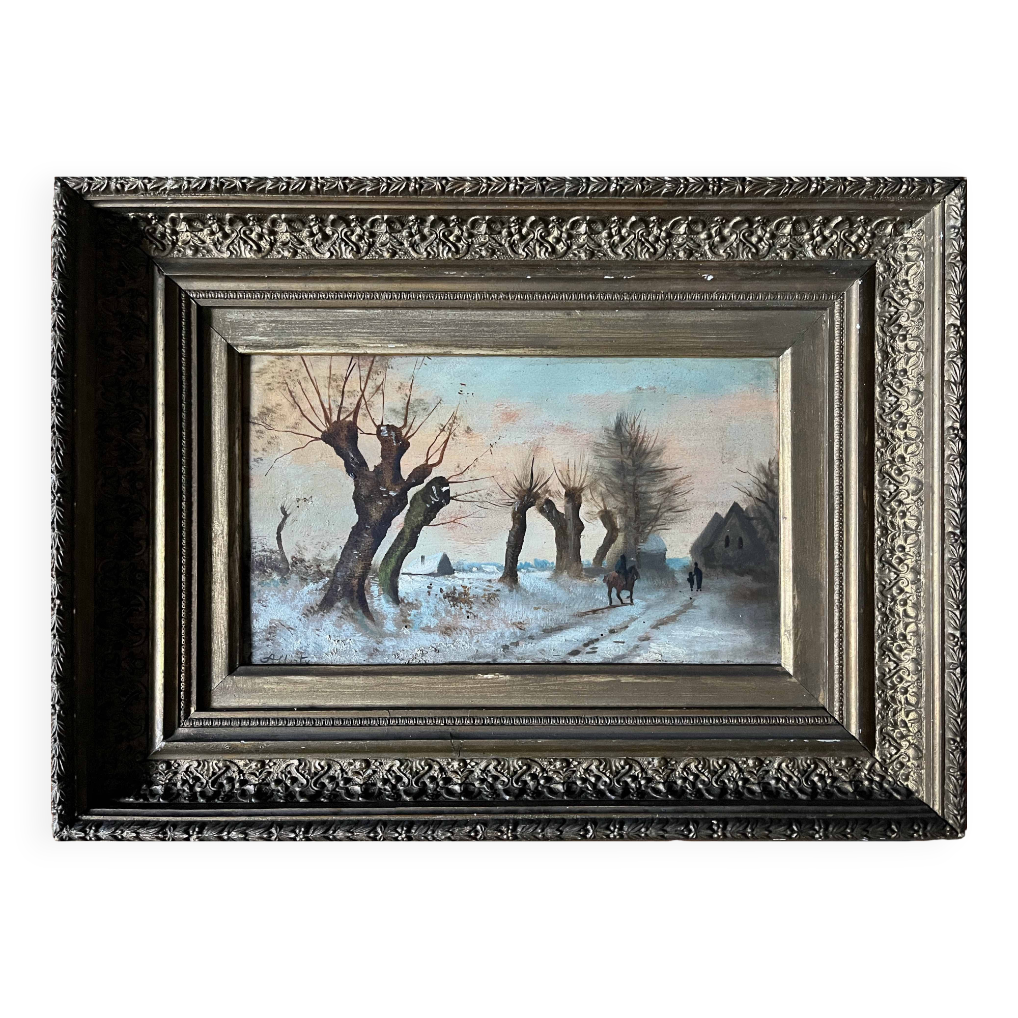 HST painting "Winter landscape with rider" signed Alberty XIX° + frame