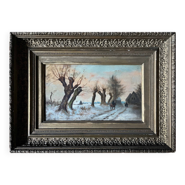 HST painting "Winter landscape with rider" signed Alberty XIX° + frame