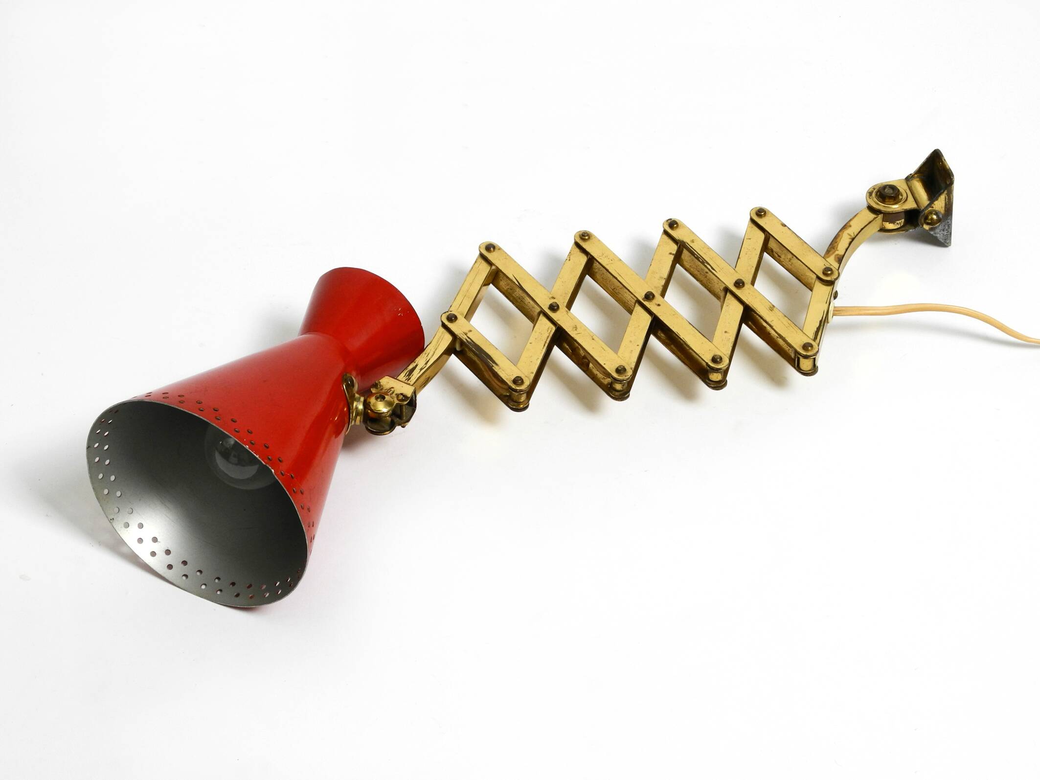 1950s brass extendable scissor wall lamp with aluminum diabolo shade in red