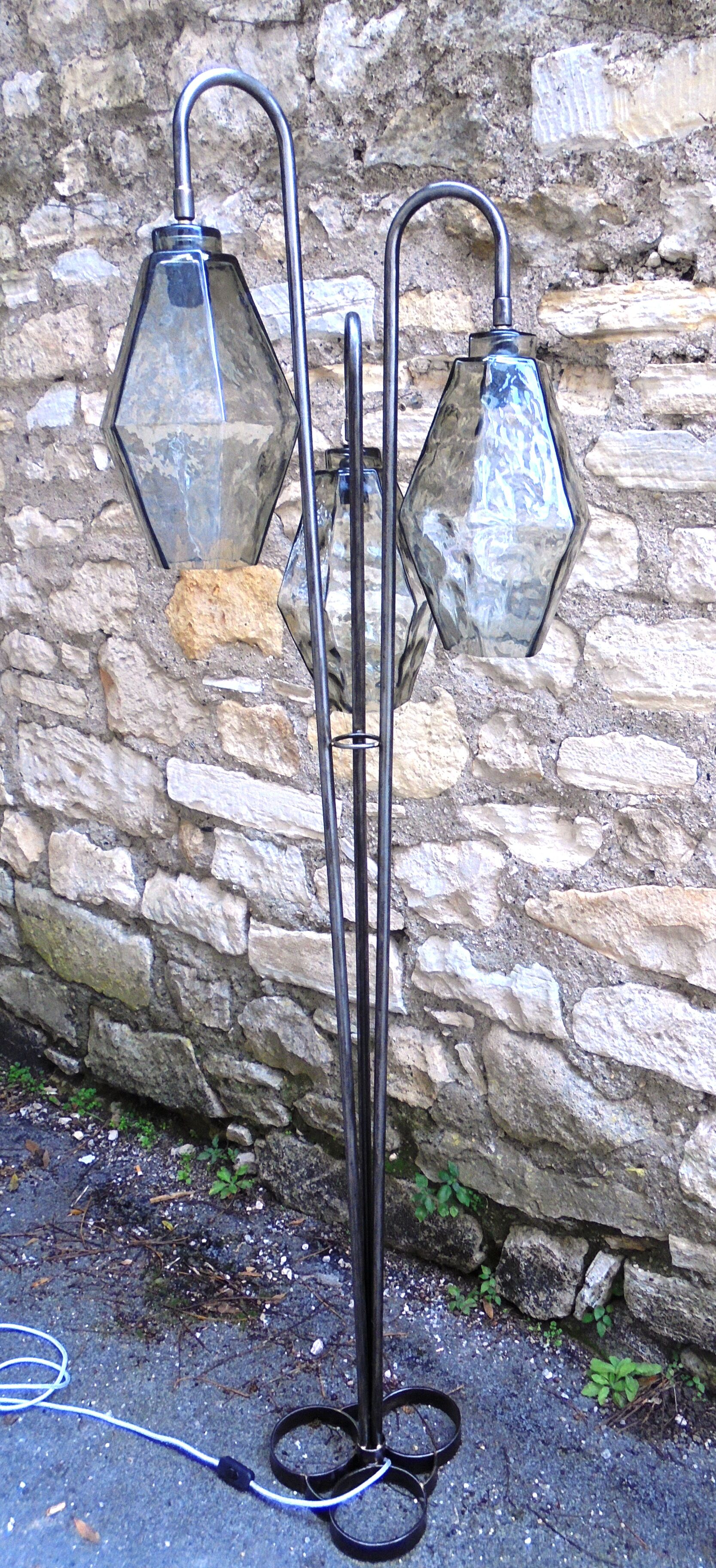 Large tripod steel lamppost and blown glass 1970