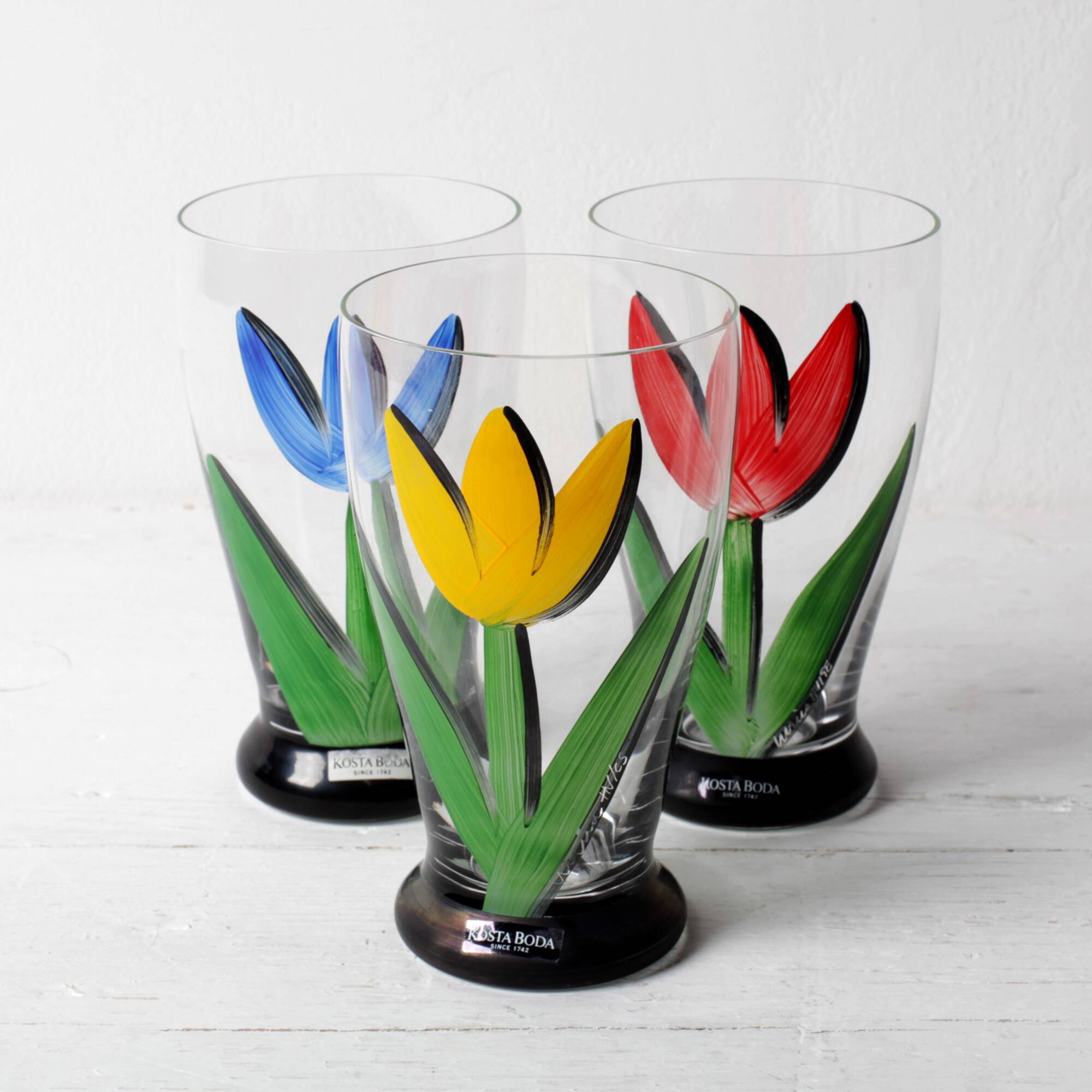 Set of 3 Tulip Crystal Glasses / Red, Yellow, Blue / Ulrica Hydman Vallien
