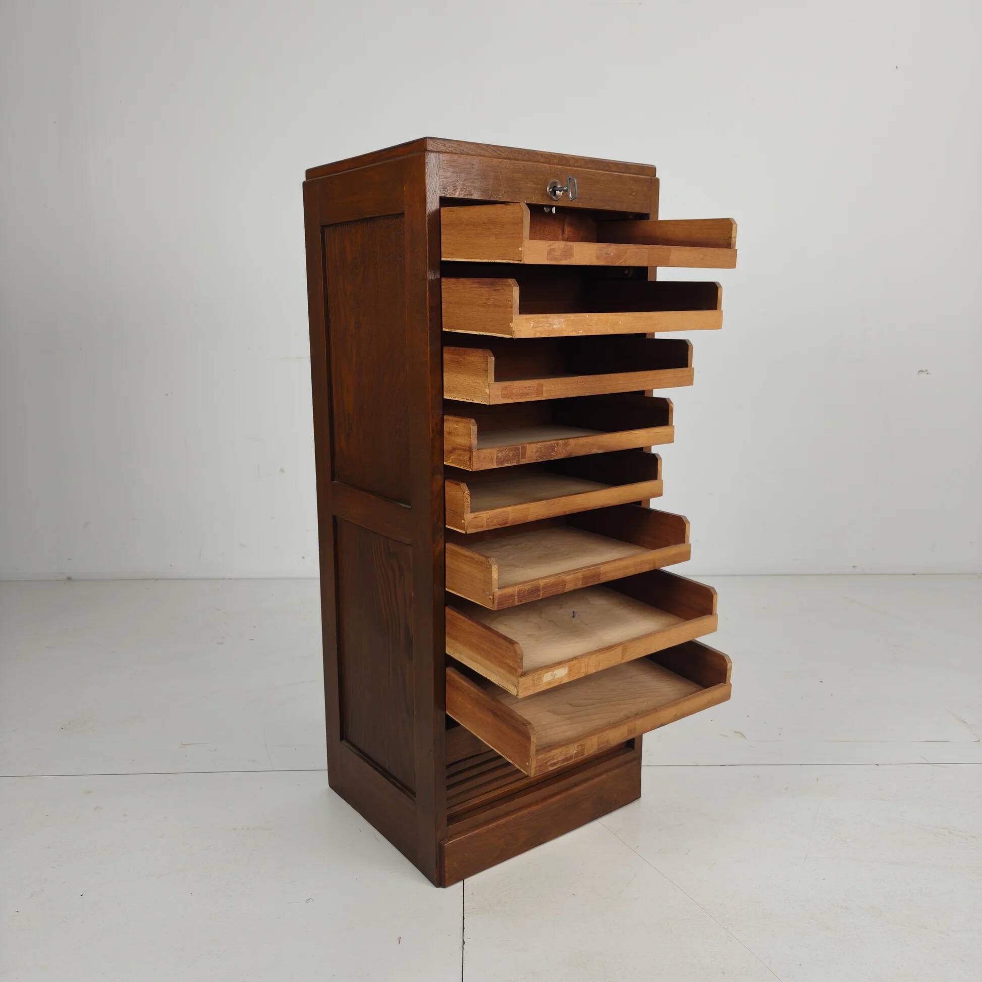 Dutch oak tambour archive cabinet, 1920s–1930s