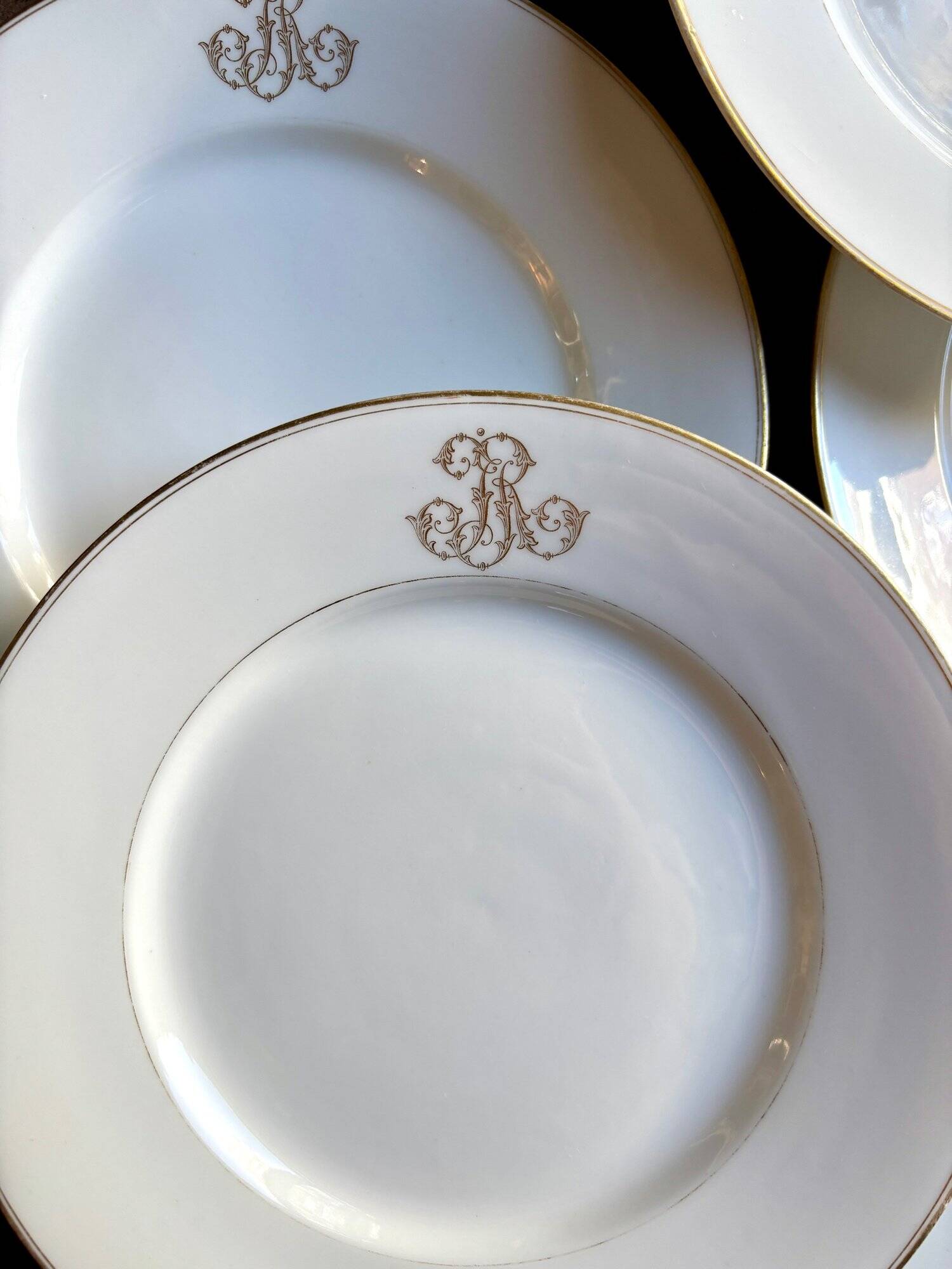 6 monogrammed Paris porcelain dinner plates