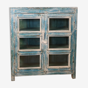 Old Burmese teak cabinet original blue-white patina