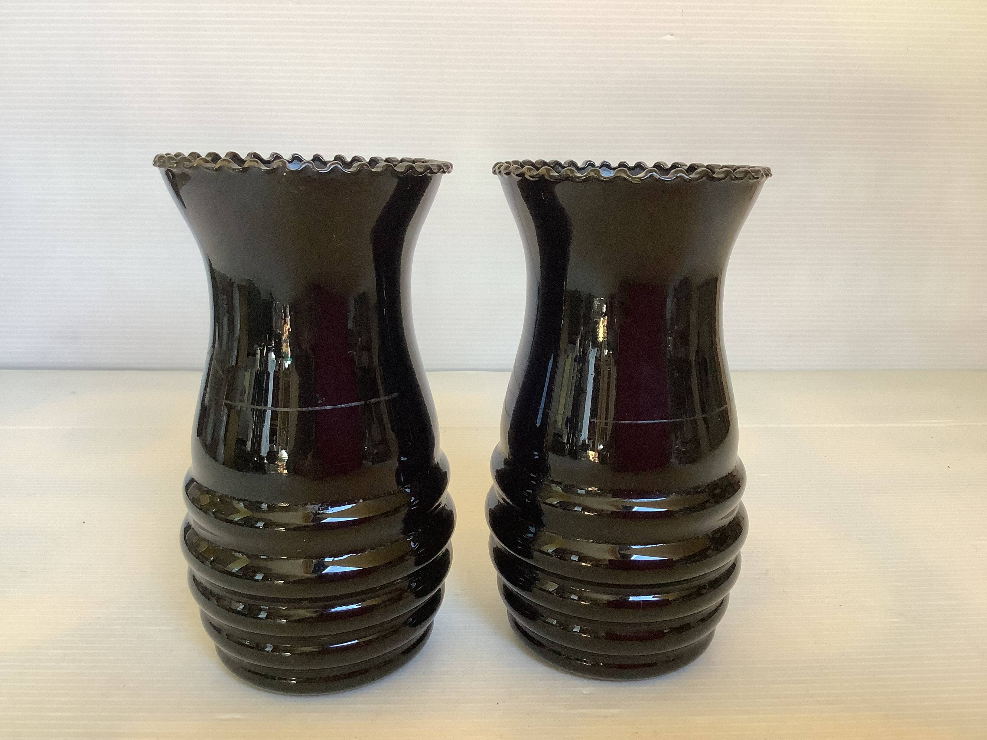 Pair of small painted black opaline vases