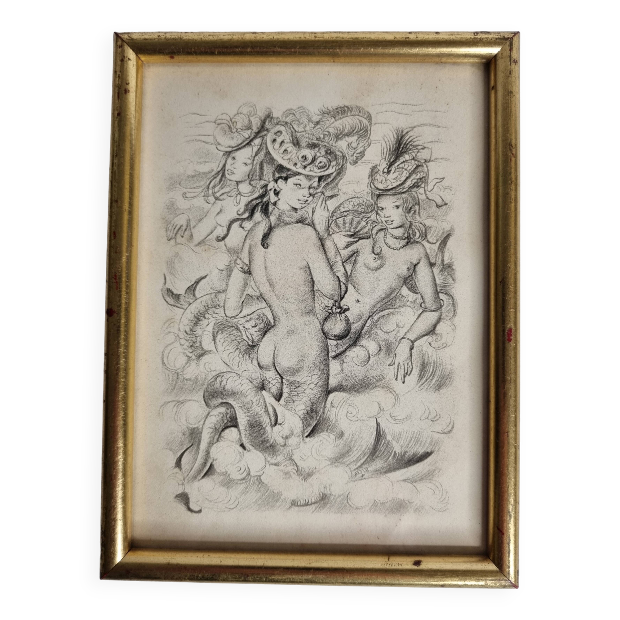 Engraving "Sirens" attributed to Suzanne Ballivet, framed under glass, 19 x 14 cm