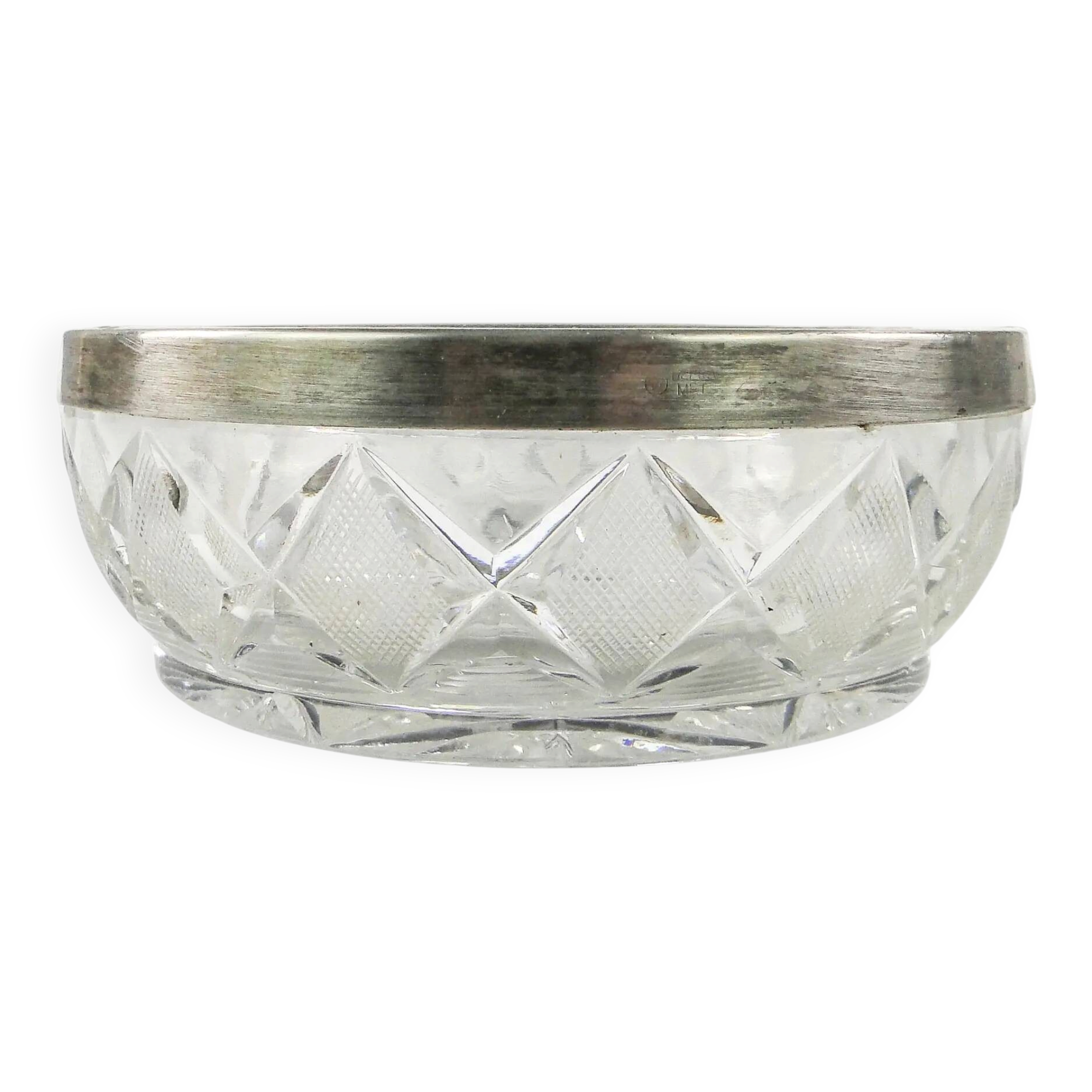 Decorative mid-century modern fruit bowl, crystal, silver-plated brass, Poland, 1970s