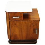 1940s night stand in walnut finish with glass top, Czechoslovakia