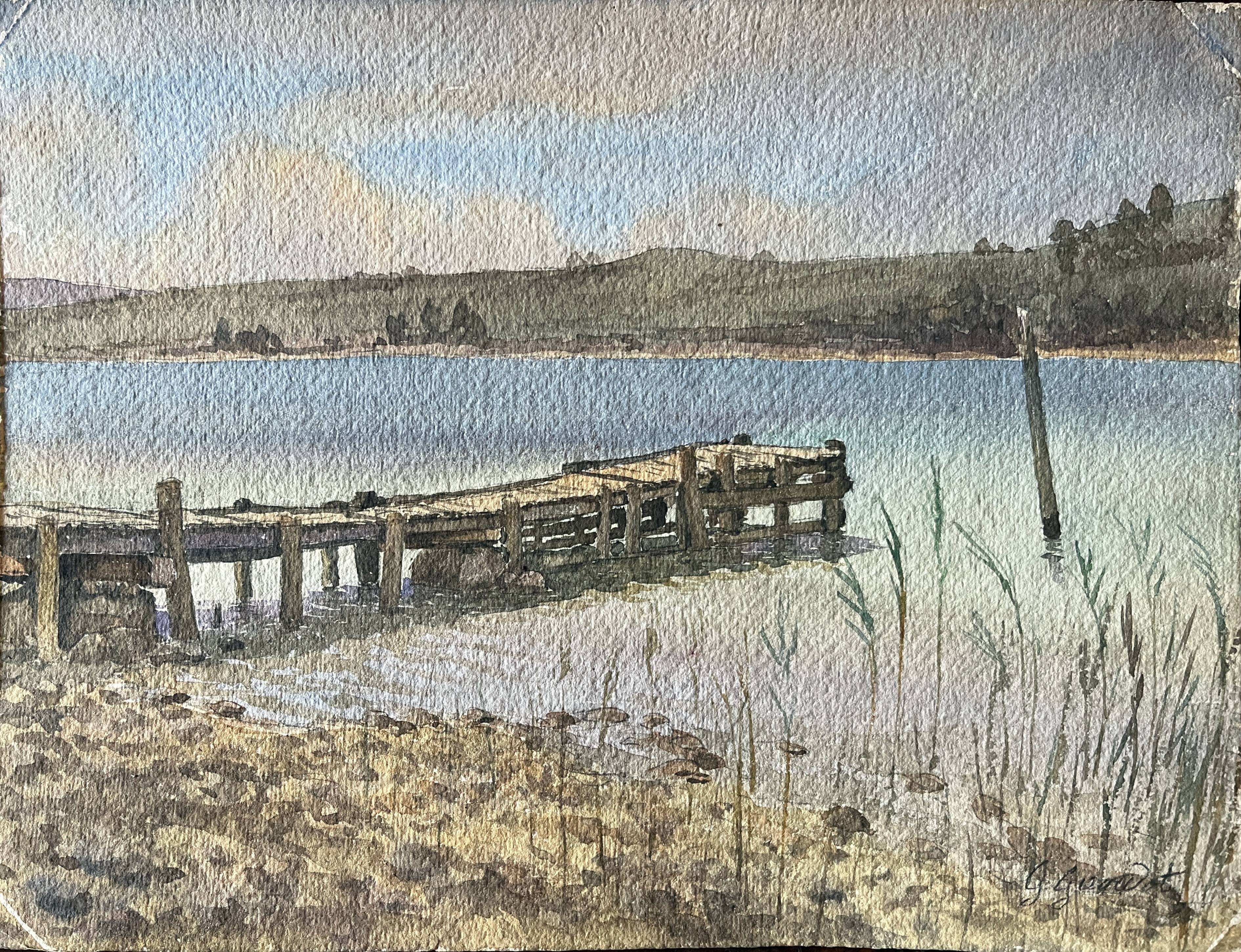 Painting Watercolor G. GIRARDOT (1856-1914) Landscape with pontoon circa 1900