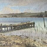 Painting Watercolor G. GIRARDOT (1856-1914) Landscape with pontoon circa 1900