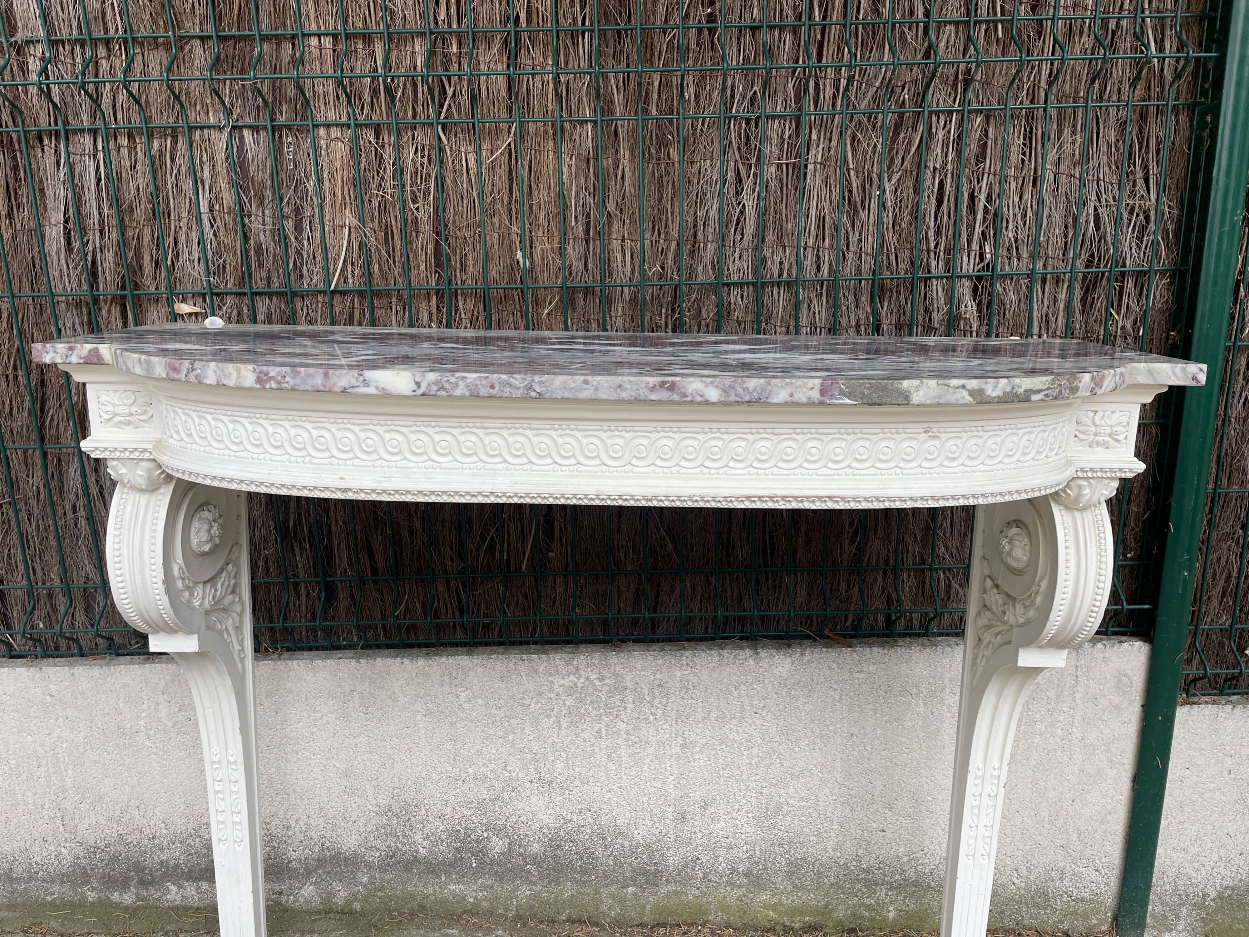 Painted wooden wall console with doe legs and interlacing. Louis XVI. Peach blossom marble