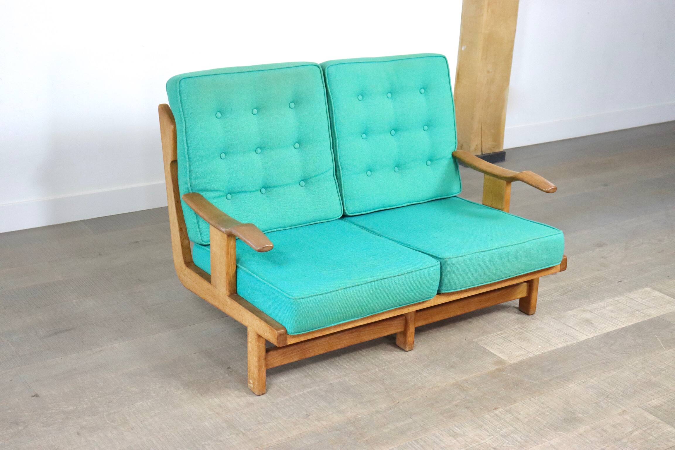 Rare Guillerme & Chambron Solid Oak Sofa, France 1960s