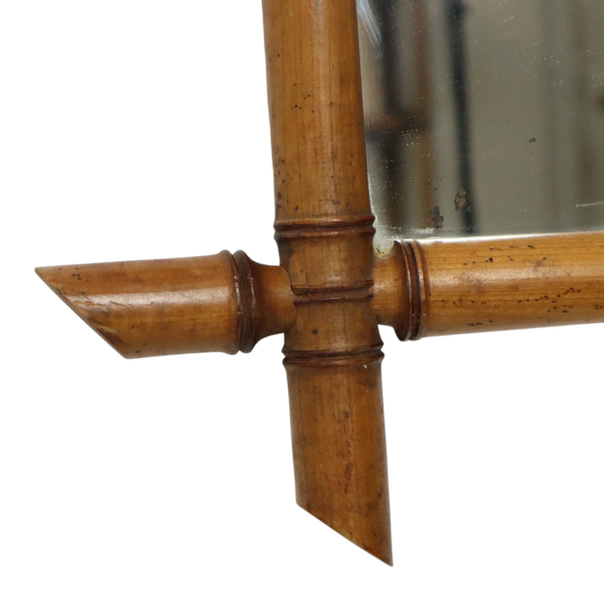 French Wooden Mirror, Faux Bamboo Chinoiserie, 57x47cm