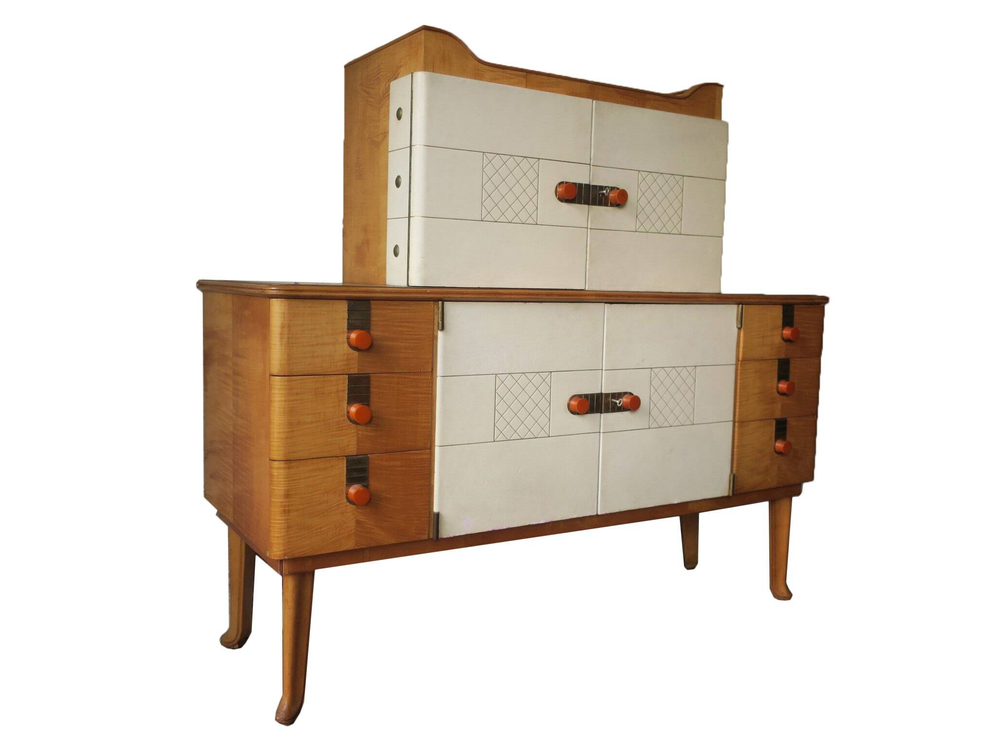 Buffet Art déco en érable, cuir et verre. Laszlo Hoenig, Londres, 1940.