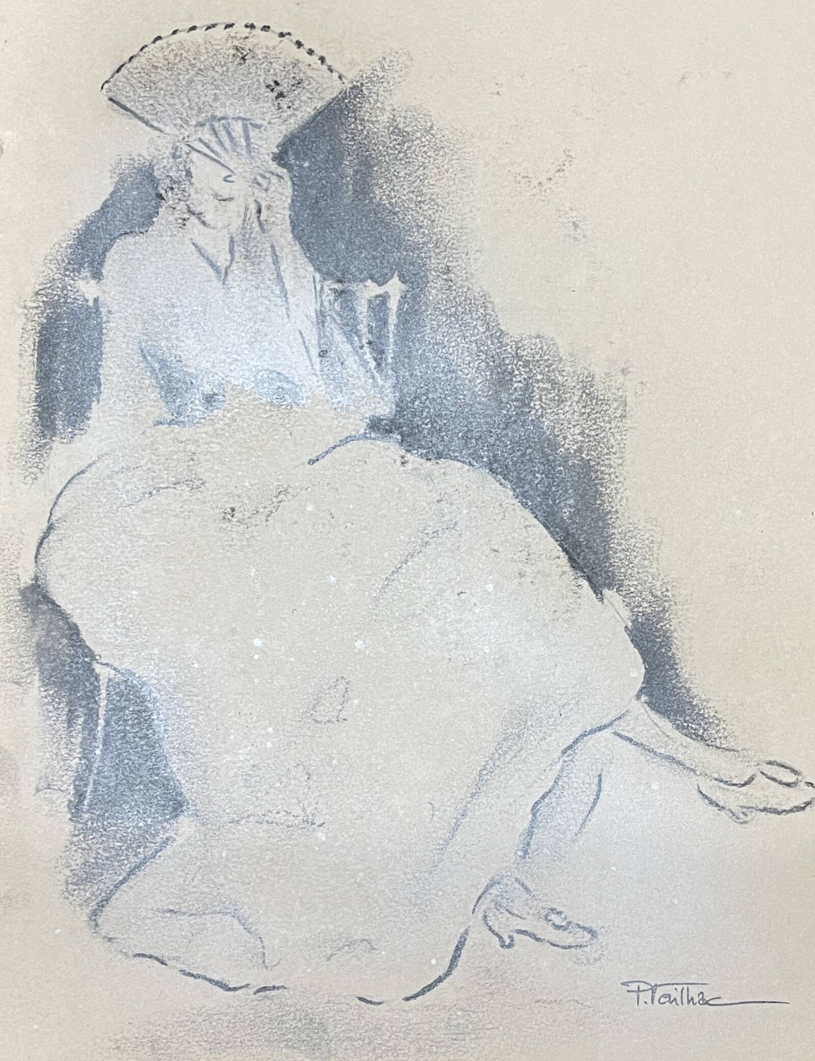 Tableau signé fusain « femme à l’éventail »
