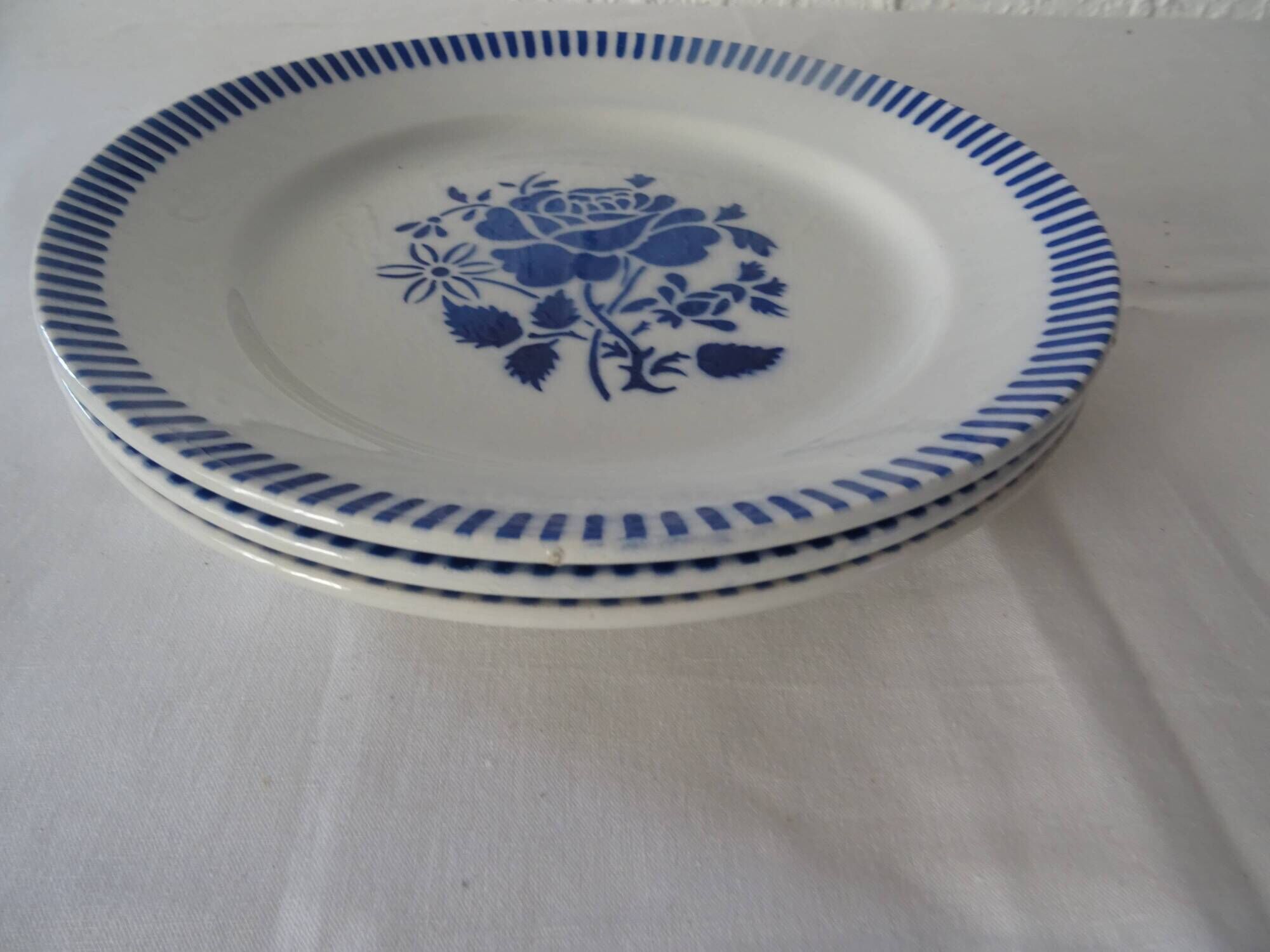 3 EVIAN flat plates old earthenware 482112 Luneville pink blue