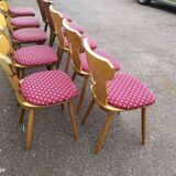 Set of 10 wooden bistro chairs with vintage cushions from the 70s/80s/90s