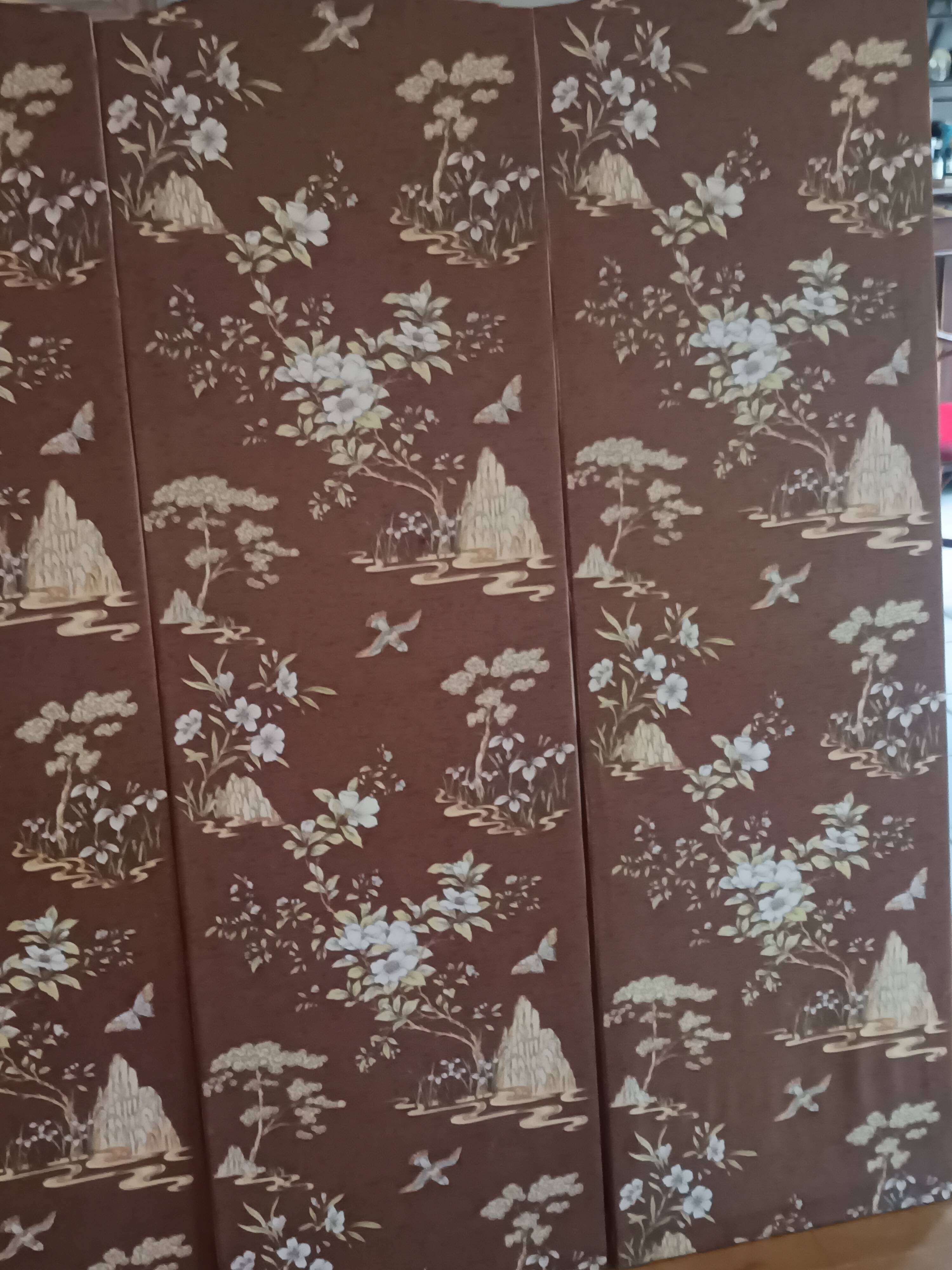 large antique headboard with 4 panels featuring Asian decor from the 1940s/50s