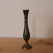Vintage brass soliflore vase with black, red, and green floral decoration – H 18 cm