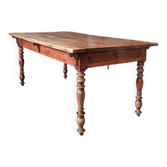 Old farmhouse table in solid oak 1900 with 2 drawers -1m65